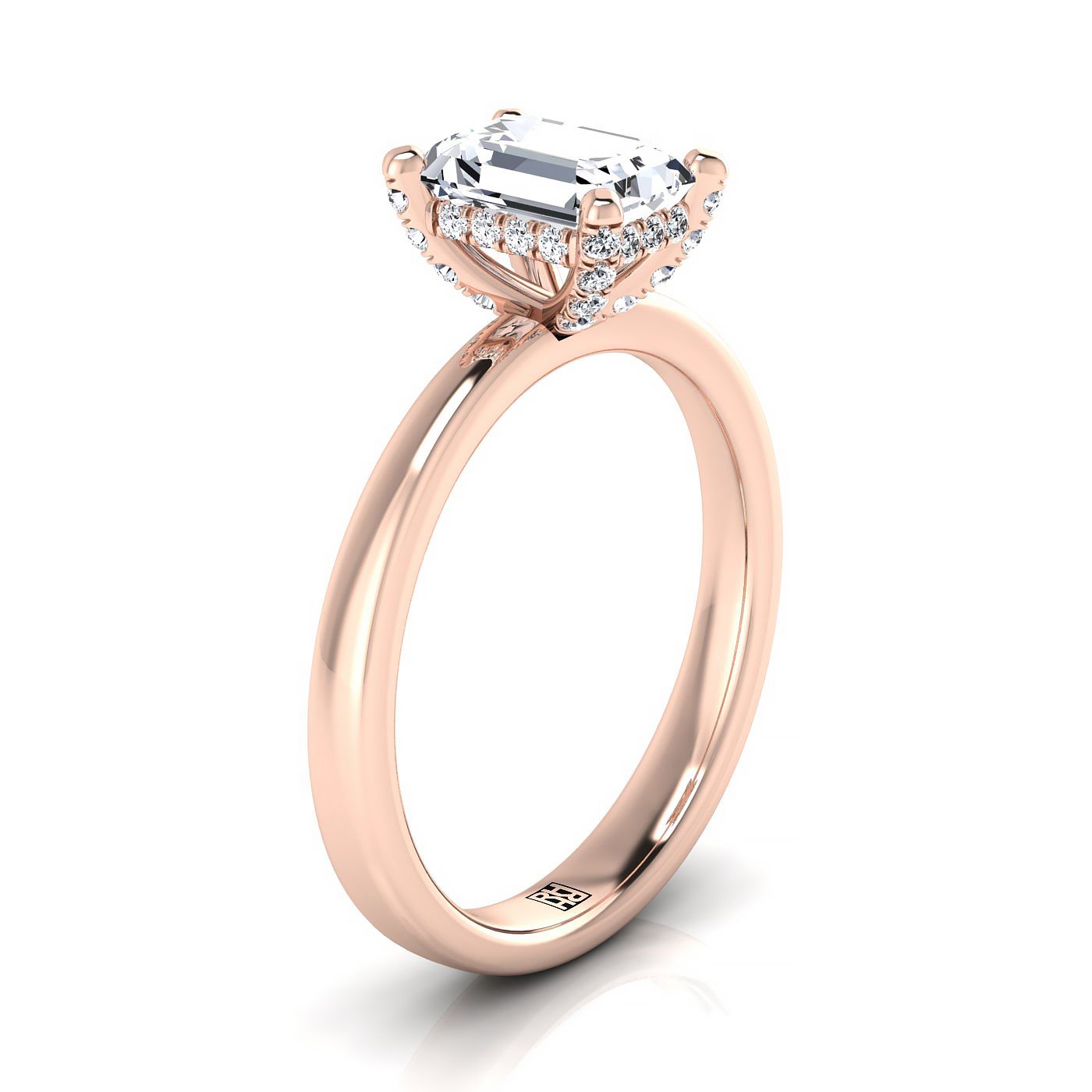 14K Rose Gold Emerald Cut เพชรประดับกรงเล็บและ Secret Halo Solitaire แหวนหมั้น -1/10ctw