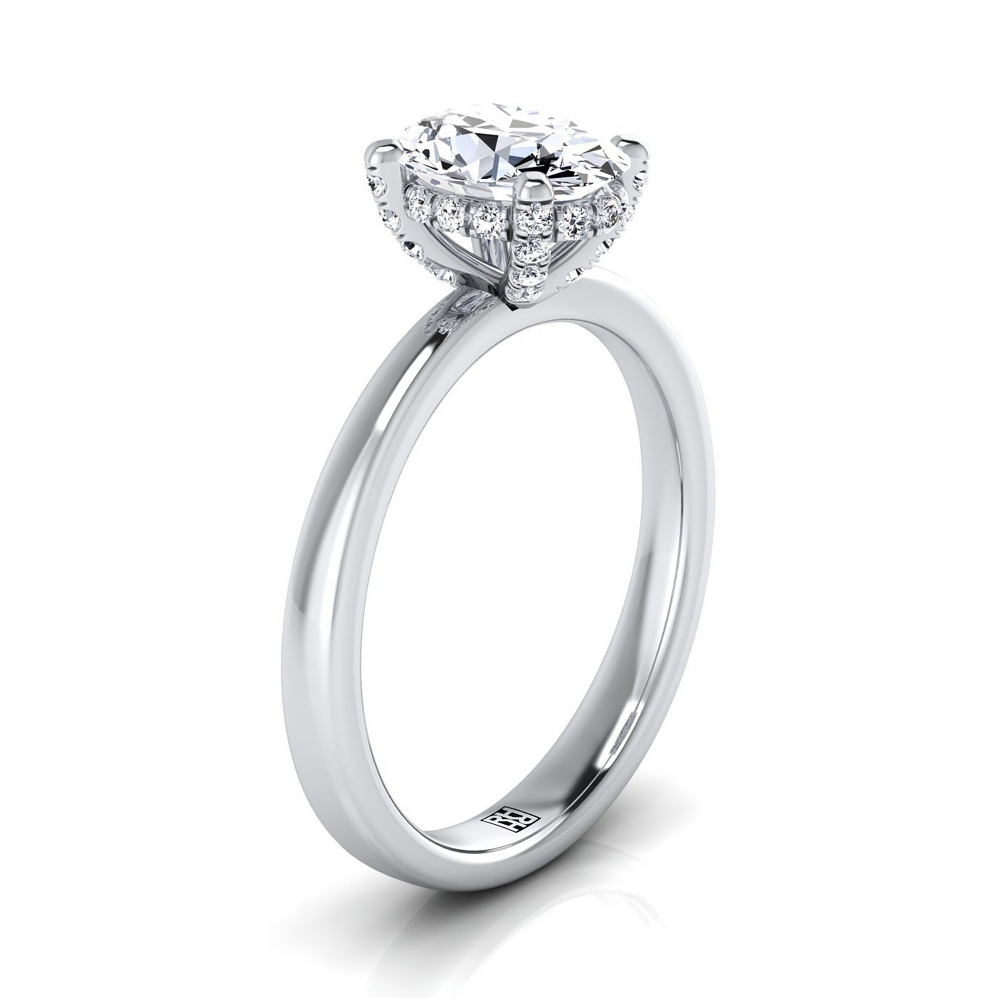 Platinum Oval Diamond Adorned Claws and Secret Halo Solitaire Engagement Ring -1/10ctw