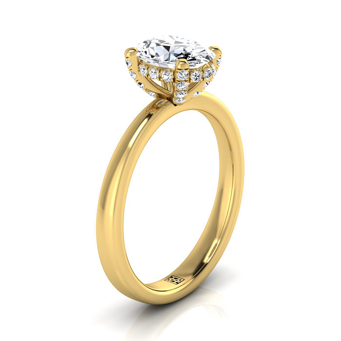 18K Yellow Gold Oval Diamond Adorned Claws and Secret Halo Solitaire Engagement Ring -1/10ctw