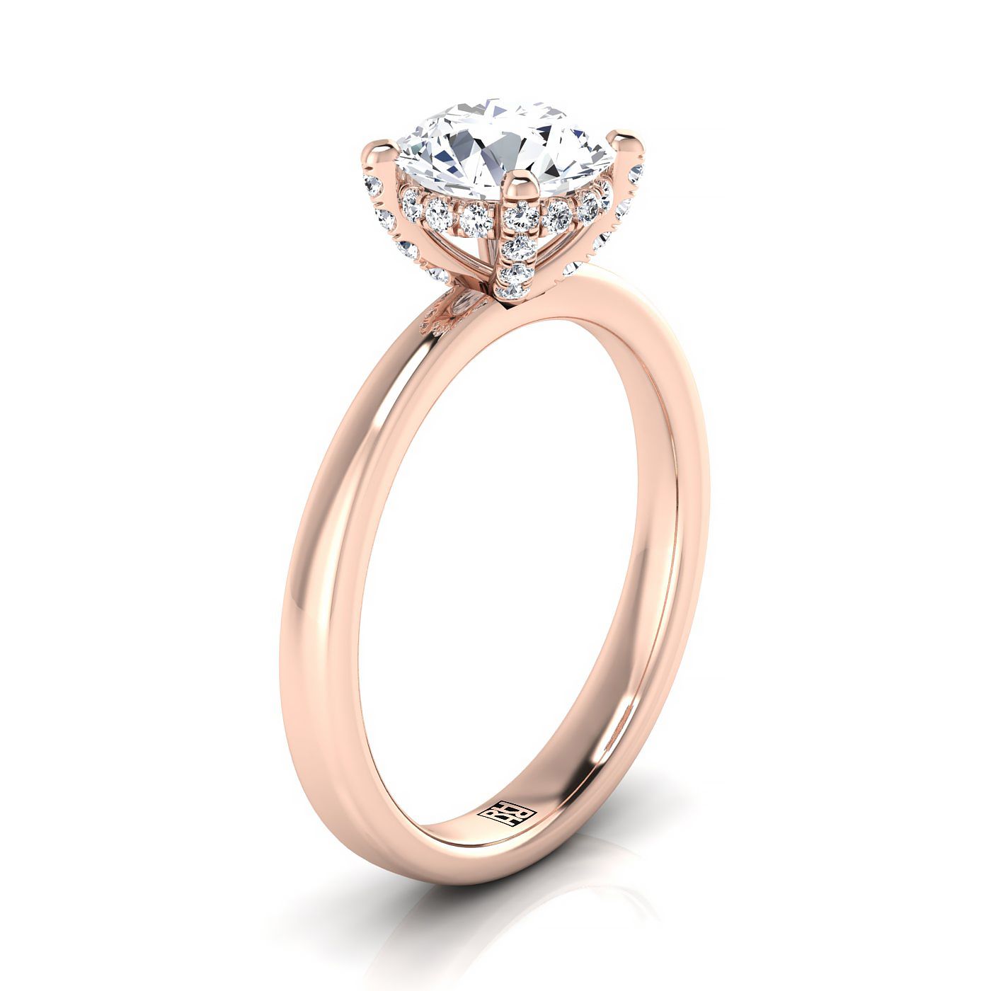14K Rose Gold Round Brilliant Diamond ประดับกรงเล็บและ Secret Halo Solitaire แหวนหมั้น -1/10ctw