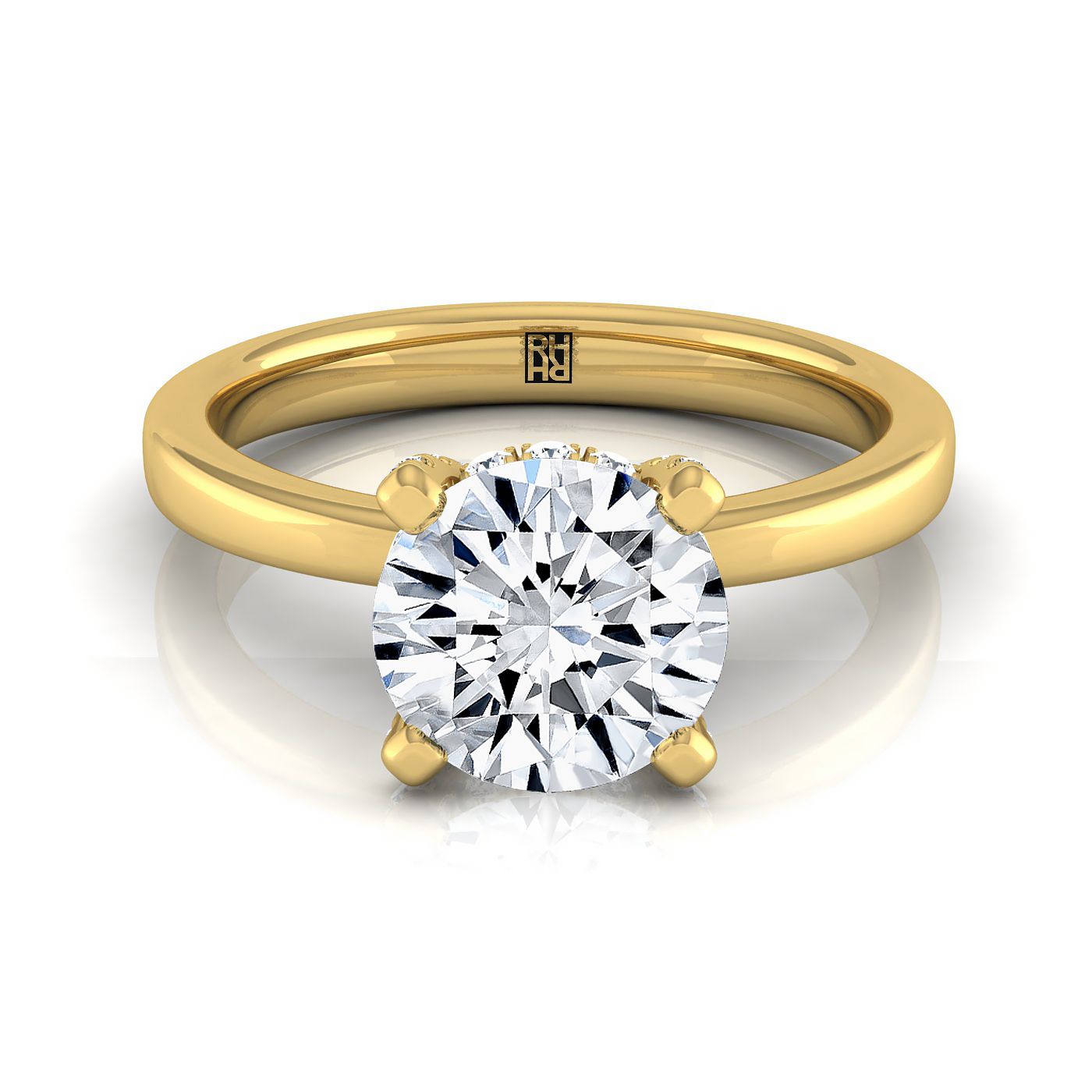 18K Yellow Gold Round Brilliant Diamond Adorned Claws and Secret Halo Solitaire Engagement Ring -1/10ctw