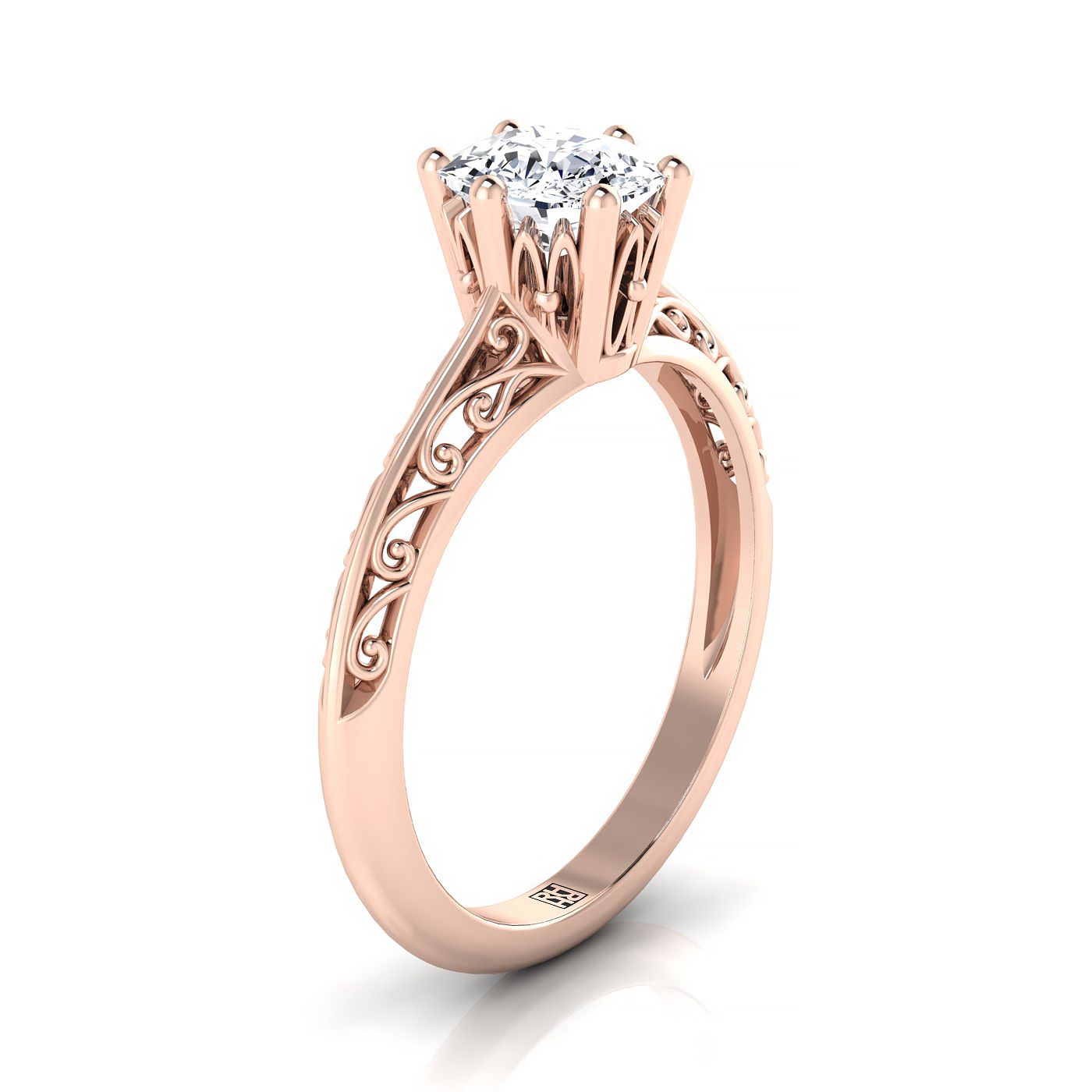 14K Rose Gold Cushion Delicate Vintage Scroll Cut Out แหวนหมั้นเล่นไพ่คนเดียว