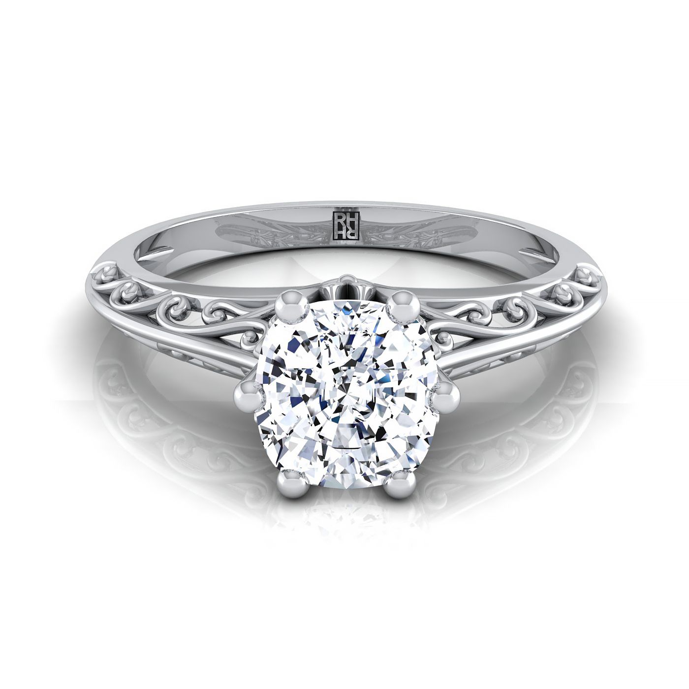 18K White Gold Cushion  Delicate Vintage Scroll Cut Out Solitaire Engagement Ring
