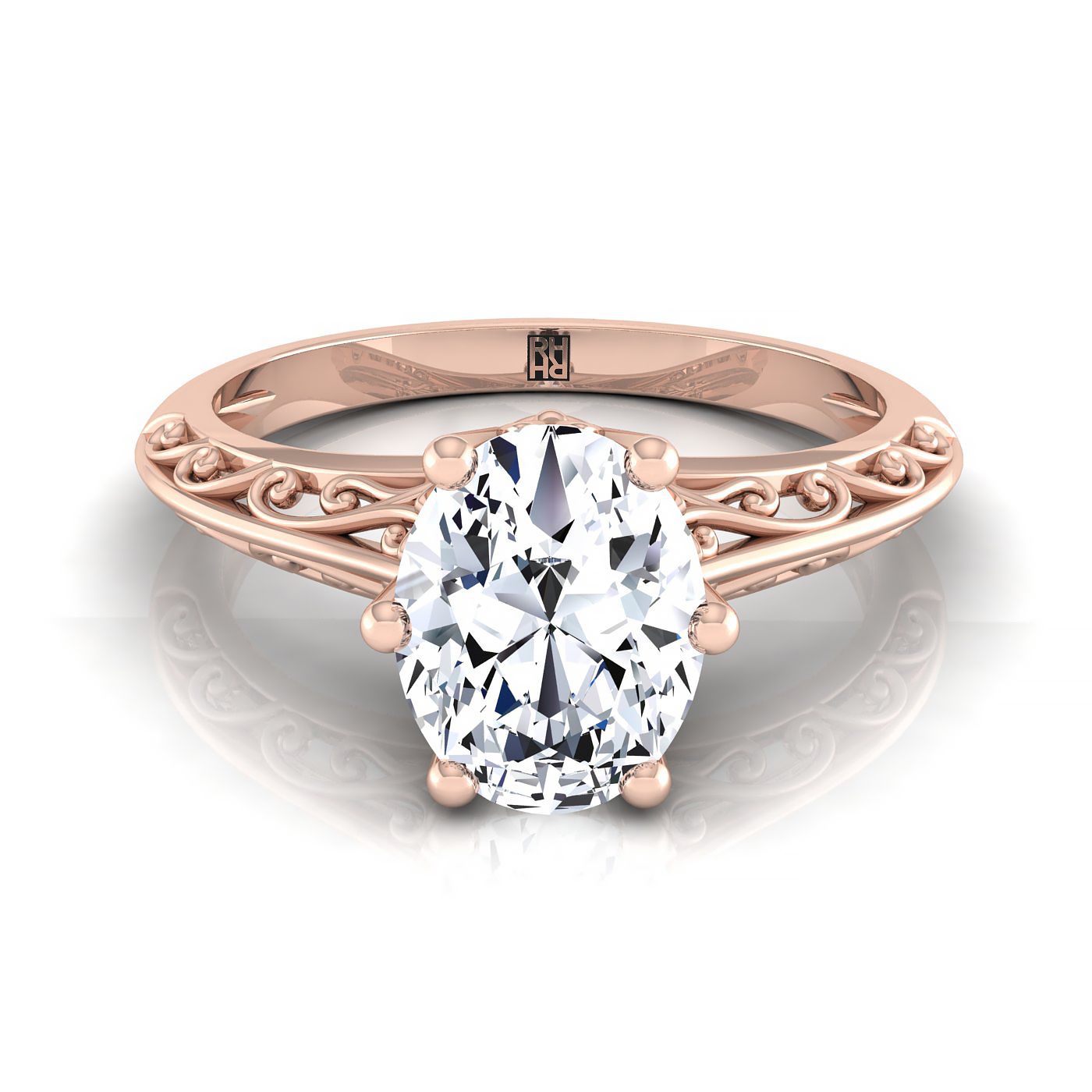 14K Rose Gold Oval Delicate Vintage Scroll Cut Out แหวนหมั้นเล่นไพ่คนเดียว