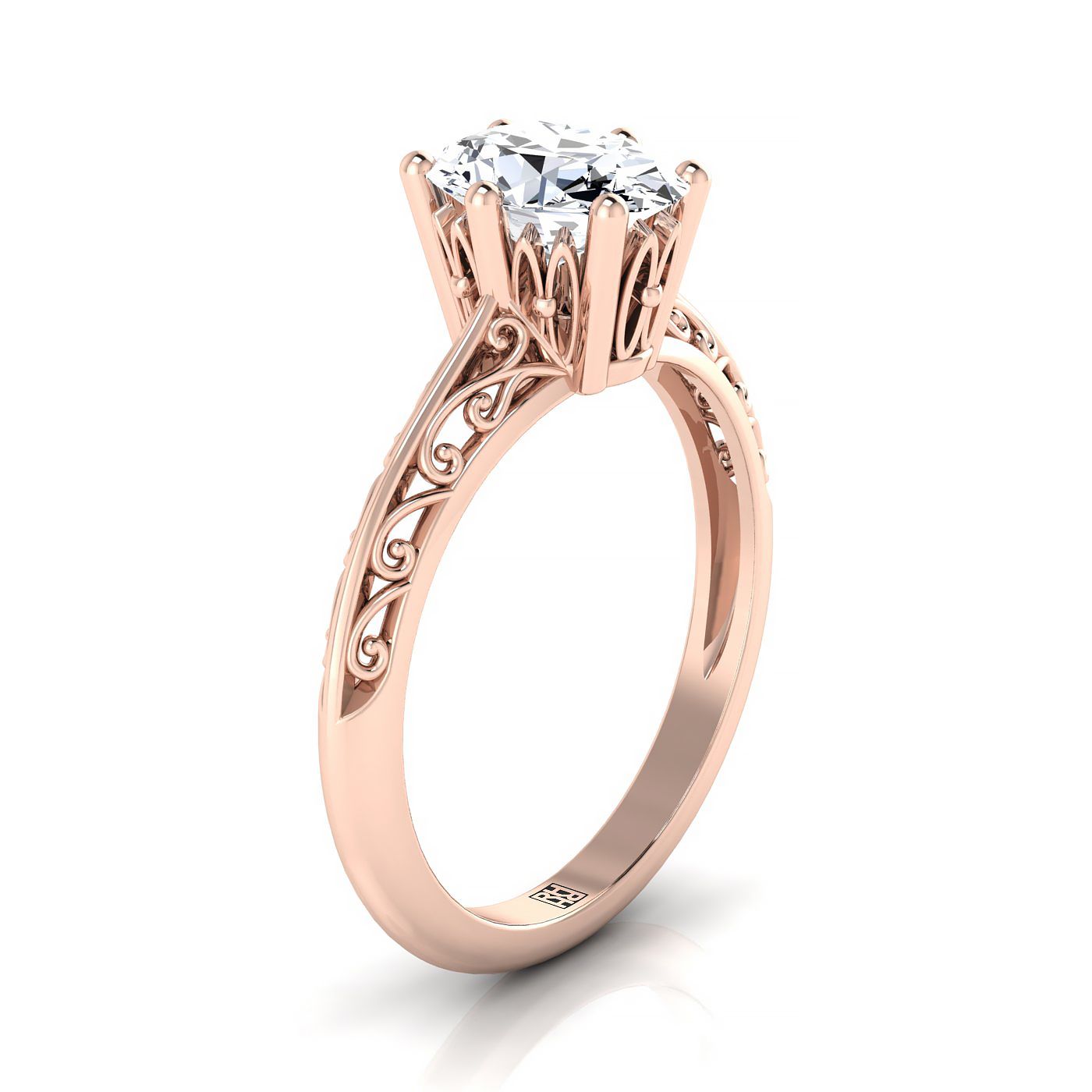 14K Rose Gold Oval Delicate Vintage Scroll Cut Out แหวนหมั้นเล่นไพ่คนเดียว