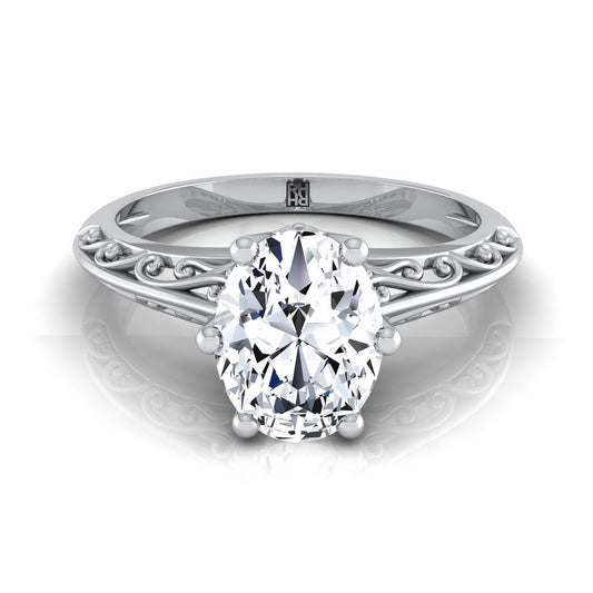 18K White Gold Oval Delicate Vintage Scroll Cut Out Solitaire Engagement Ring