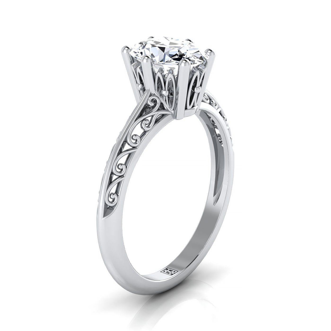 18K White Gold Oval Delicate Vintage Scroll Cut Out Solitaire Engagement Ring