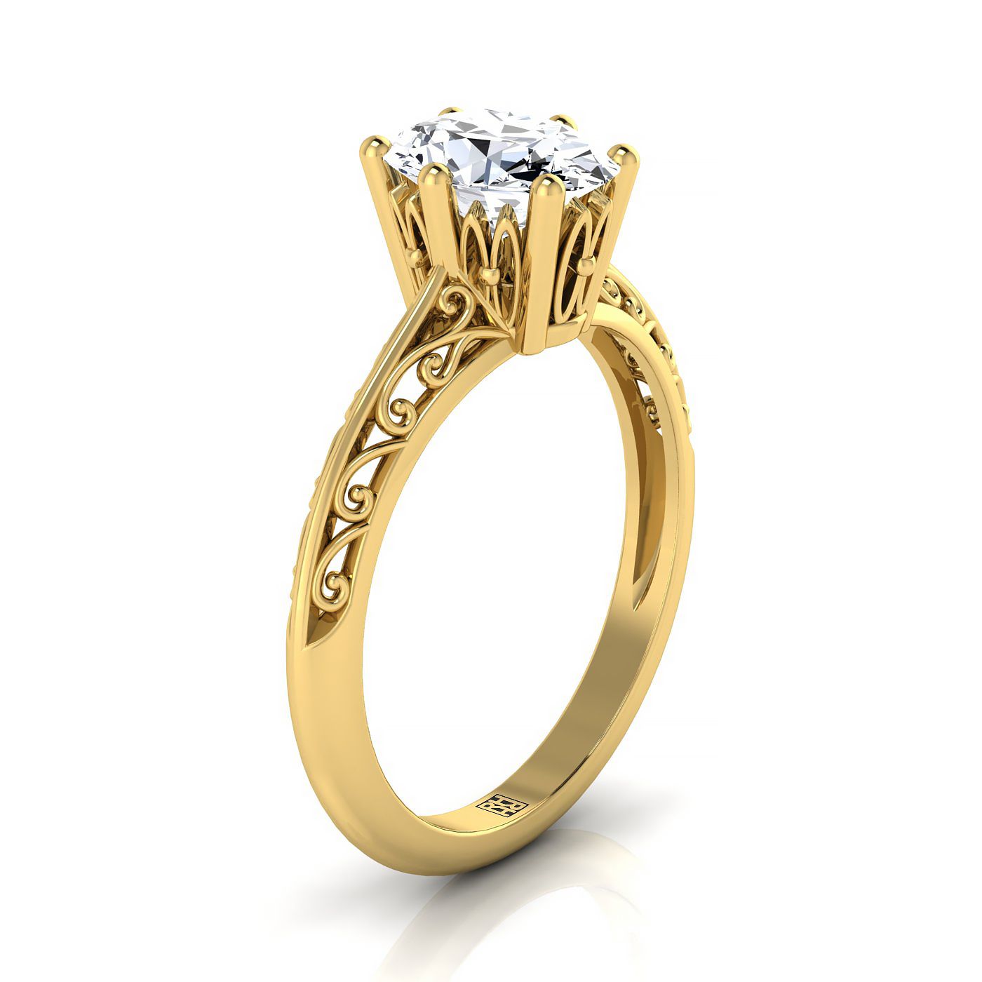 14K Yellow Gold Oval Delicate Vintage Scroll Cut Out แหวนหมั้นเล่นไพ่คนเดียว