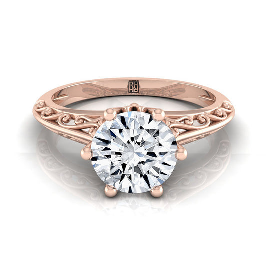 14K Rose Gold Round Brilliant Delicate Vintage Scroll Cut Out แหวนหมั้นเล่นไพ่คนเดียว