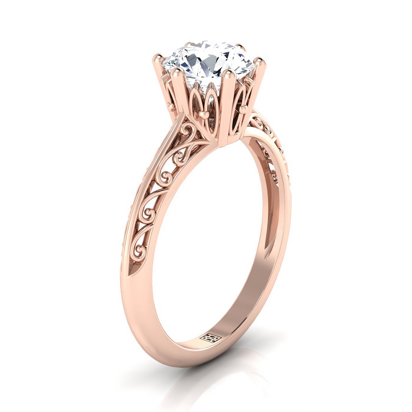 14K Rose Gold Round Brilliant Delicate Vintage Scroll Cut Out แหวนหมั้นเล่นไพ่คนเดียว