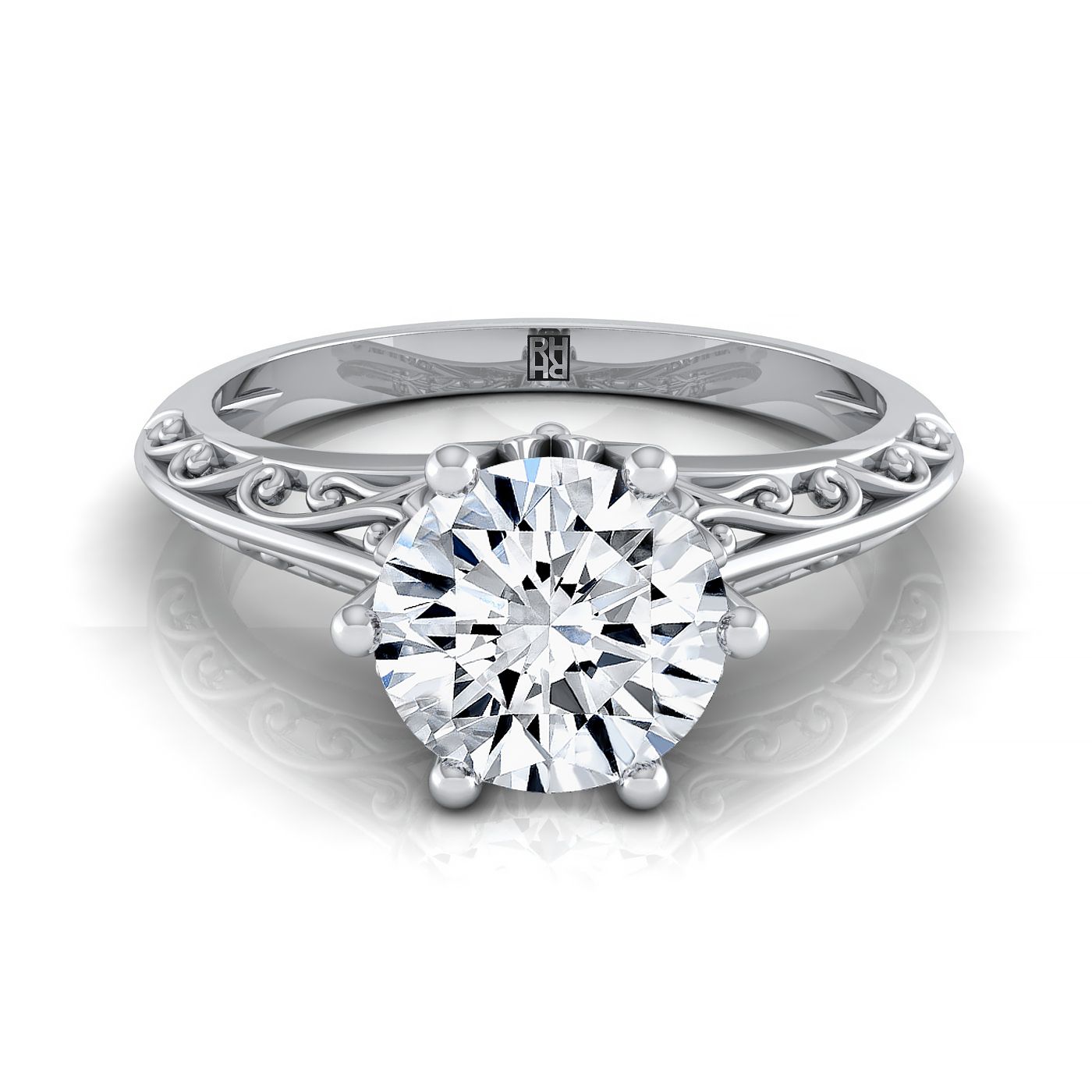 14K White Gold Round Brilliant  Delicate Vintage Scroll Cut Out Solitaire Engagement Ring