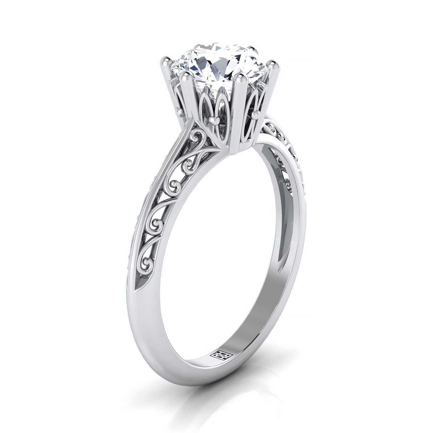 14K White Gold Round Brilliant  Delicate Vintage Scroll Cut Out Solitaire Engagement Ring