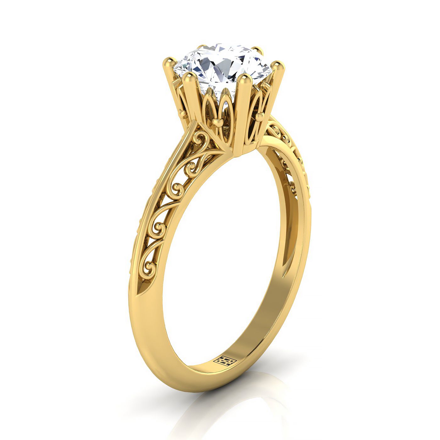 14K Yellow Gold Round Brilliant Delicate Vintage Scroll Cut Out แหวนหมั้นเล่นไพ่คนเดียว