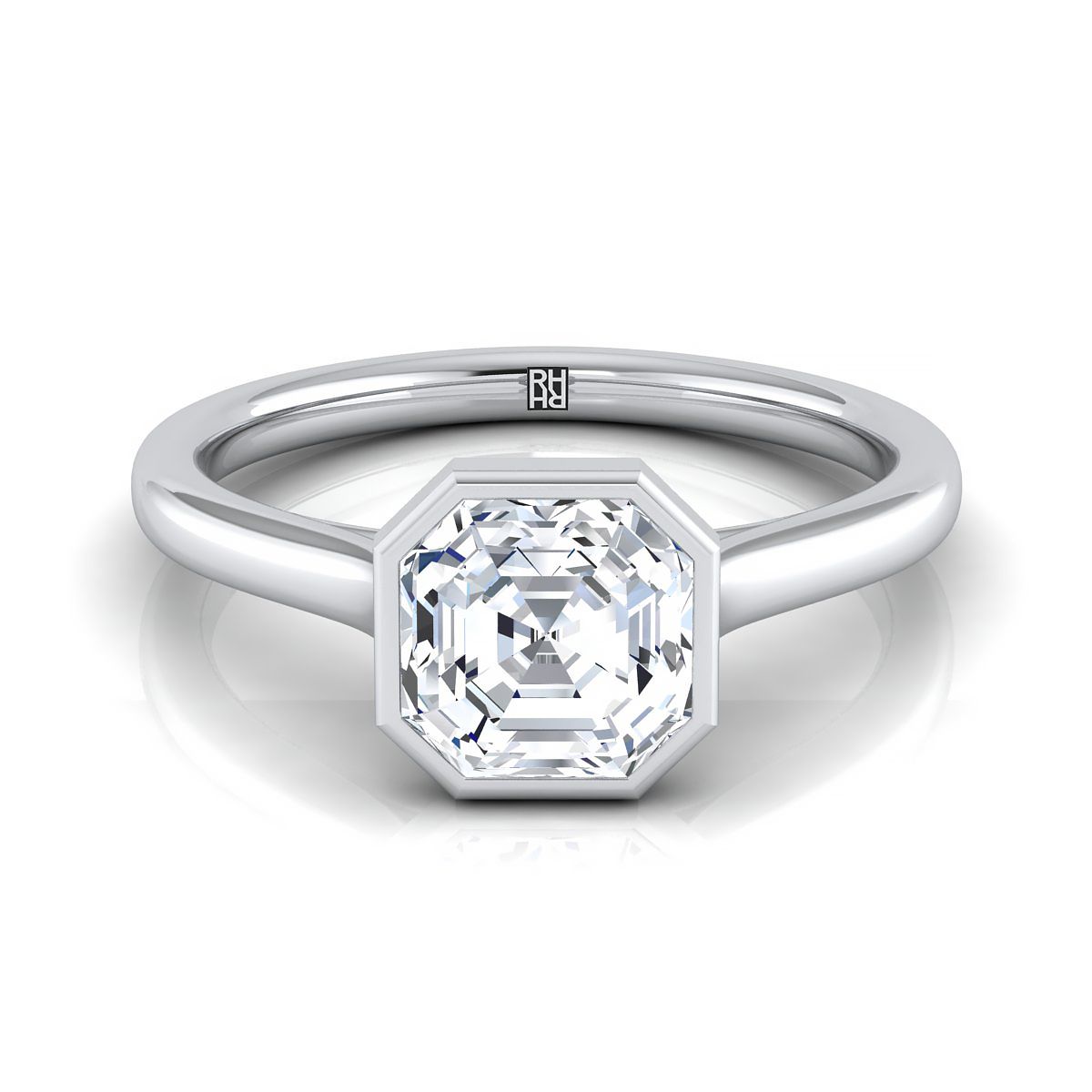 แหวนหมั้นทองคำขาว 18K Asscher Cut Simple Bezel Solitaire