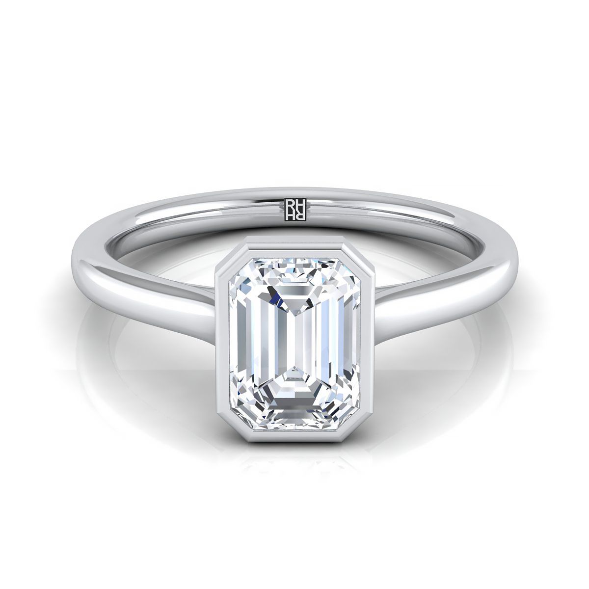 แหวนหมั้นเพชร 14K White Gold Emerald Cut Simple Bezel Solitaire