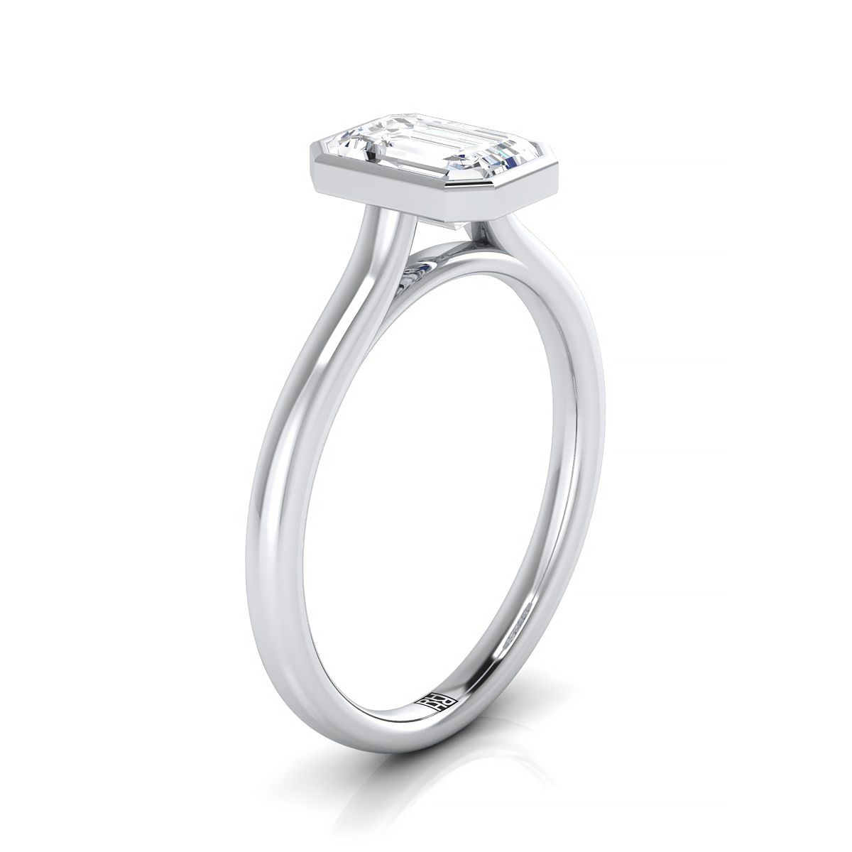 แหวนหมั้นเพชร 14K White Gold Emerald Cut Simple Bezel Solitaire