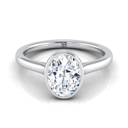 18K White Gold Oval  Simple Bezel Solitaire Engagement Ring