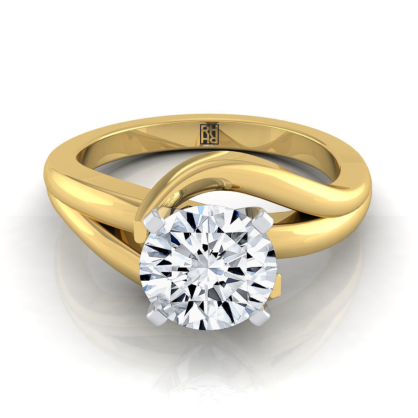 14K Yellow Gold Round Brilliant  Asymetical Bypass Solitaire Twist Engagement Ring