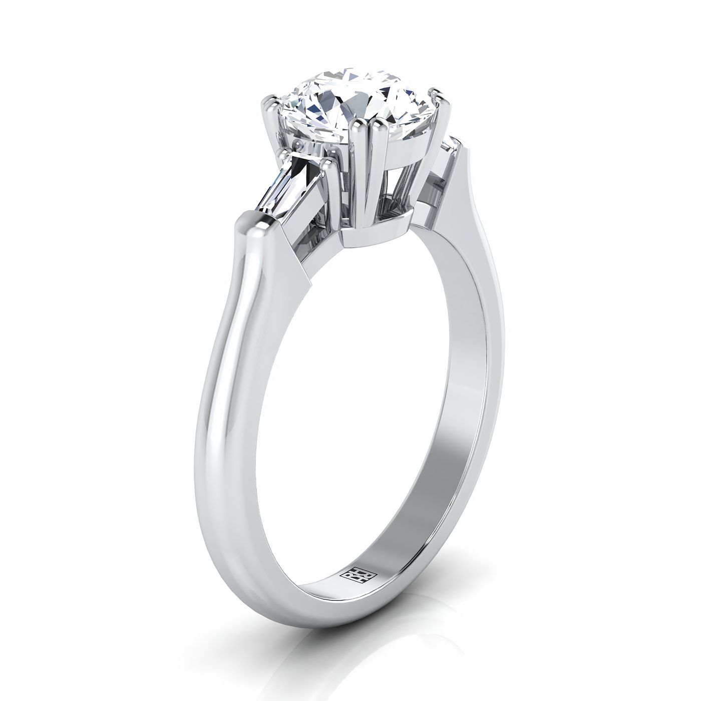 Platinum Round Brilliant Diamond Tapered Baguette Engagement Ring -1/4ctw