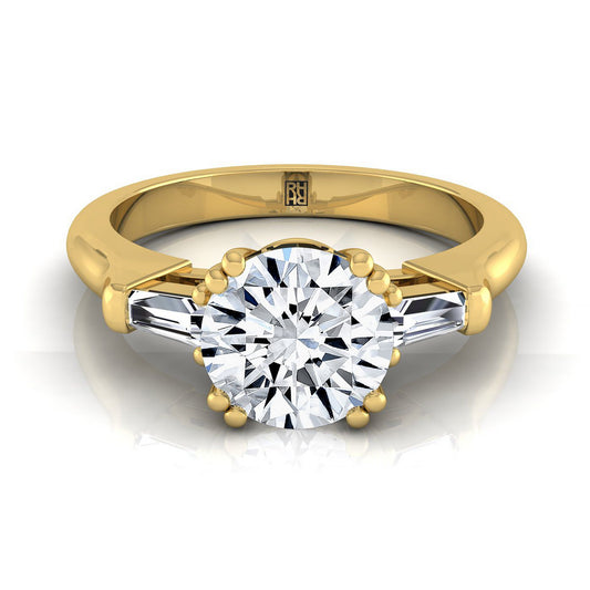 14K Yellow Gold Round Brilliant Diamond Tapered Baguette Engagement Ring -1/4ctw