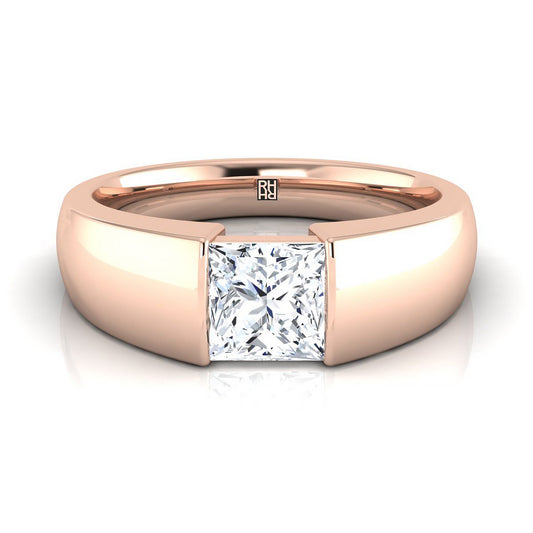 14K Rose Gold Princess Cut Wide High Polish Band Tension Set แหวนหมั้นเล่นไพ่คนเดียว