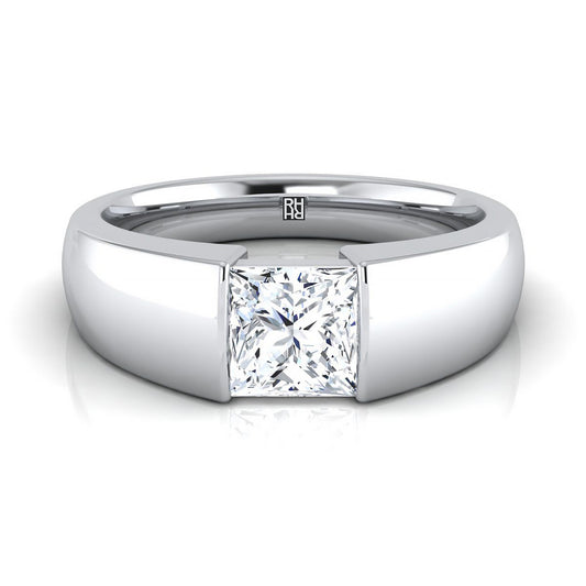 Platinum Princess Cut  Wide High Polish Band Tension Set Solitaire Engagement Ring