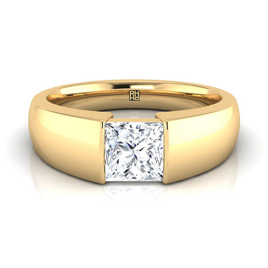 แหวนหมั้นเพชร 14K Yellow Gold Princess Cut Wide High Polish Band Tension Set Solitaire Engagement Ring