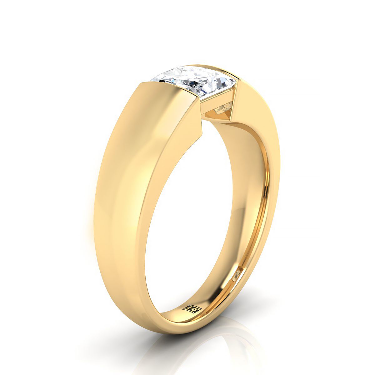 แหวนหมั้นเพชร 14K Yellow Gold Princess Cut Wide High Polish Band Tension Set Solitaire Engagement Ring