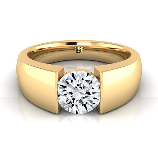 14K Yellow Gold Round Brilliant Wide High Polish Band Tension Set แหวนหมั้นเล่นไพ่คนเดียว