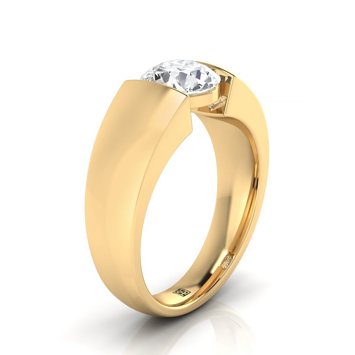 18K Yellow Gold Round Brilliant  Wide High Polish Band Tension Set Solitaire Engagement Ring