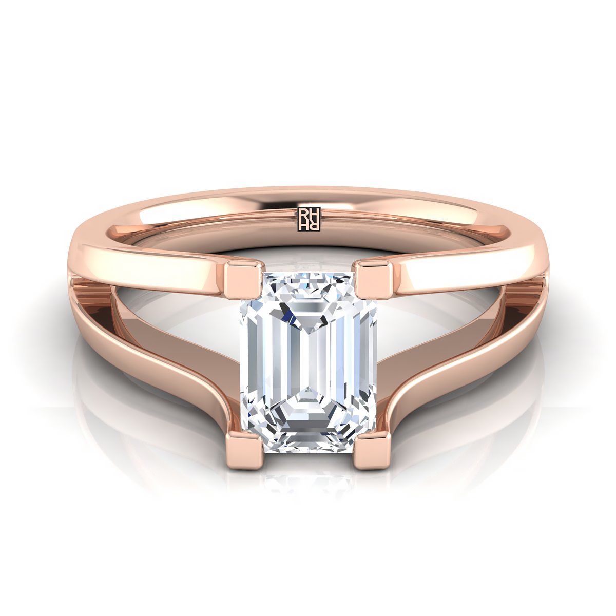 แหวนหมั้นเพชร 14K Rose Gold Emerald Cut Plain High Polish Split Shank Solitaire