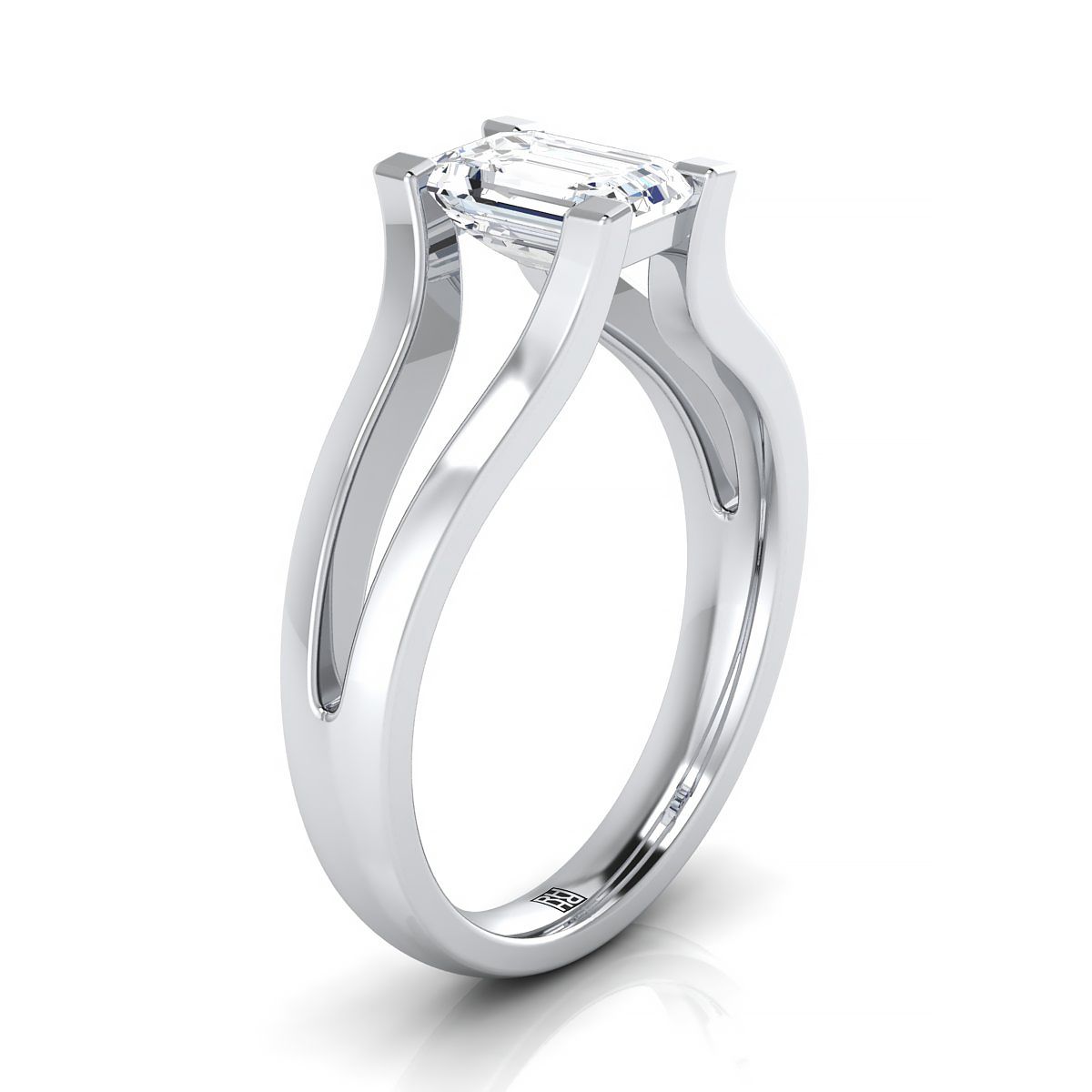 แหวนหมั้นเพชร 18K White Gold Emerald Cut Plain High Polish Split Shank Solitaire