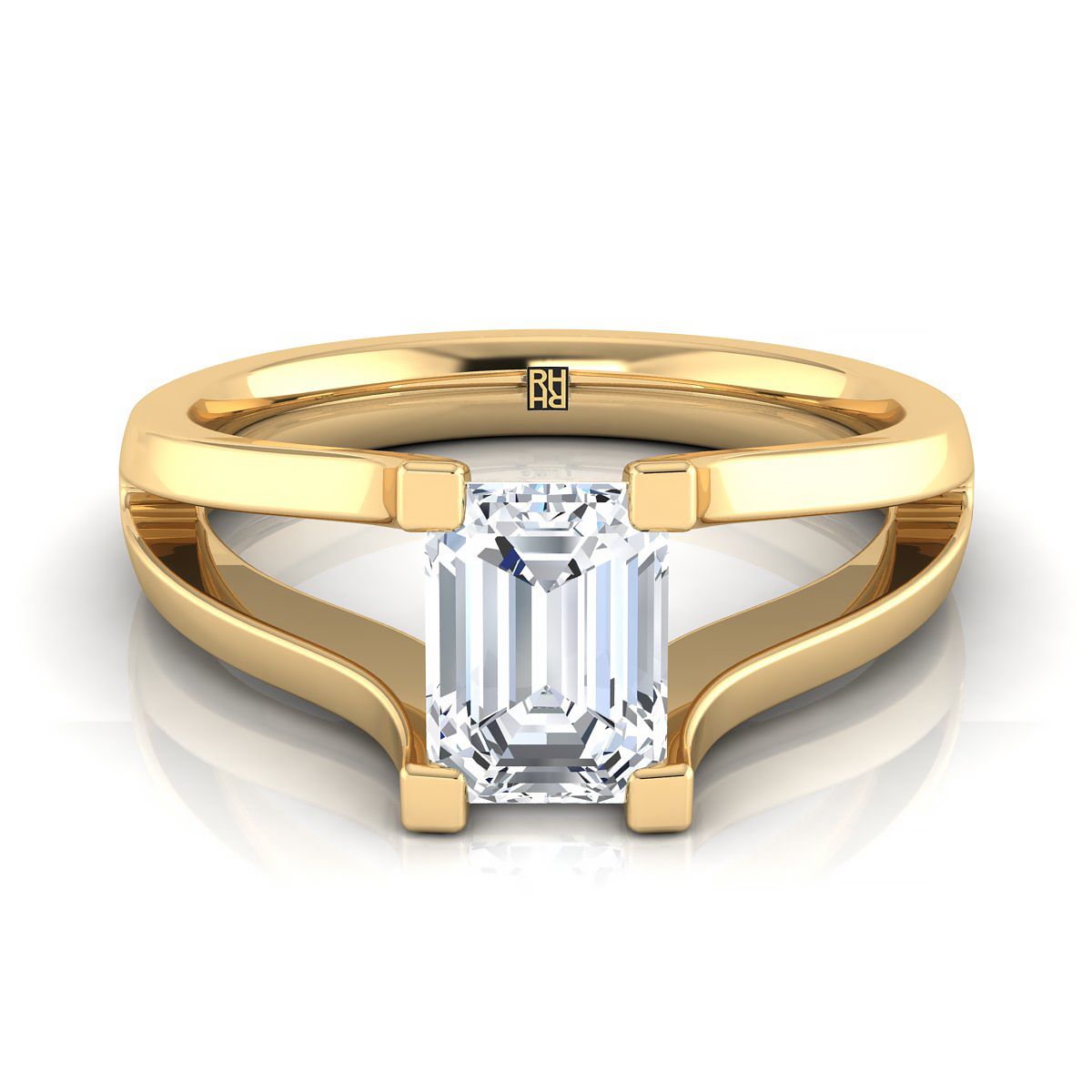 18K Yellow Gold Emerald Cut Plain High Polish Split Shank Solitaire Engagement Ring