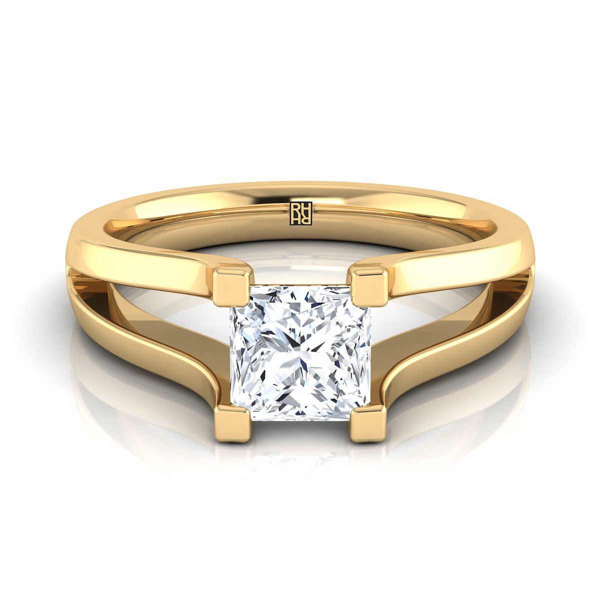 แหวนหมั้นเพชรเม็ดเดี่ยว 14K สีเหลืองทอง Princess Cut Plain High Polish Split Shank Solitaire