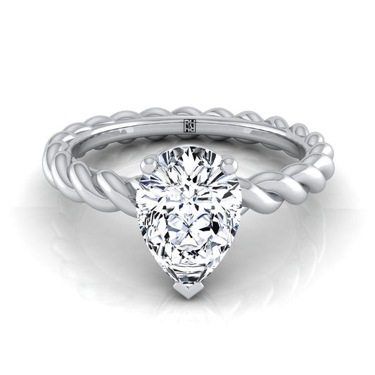 18K White Gold Pear Shape Center  Twisted Rope Braid Solitaire Band