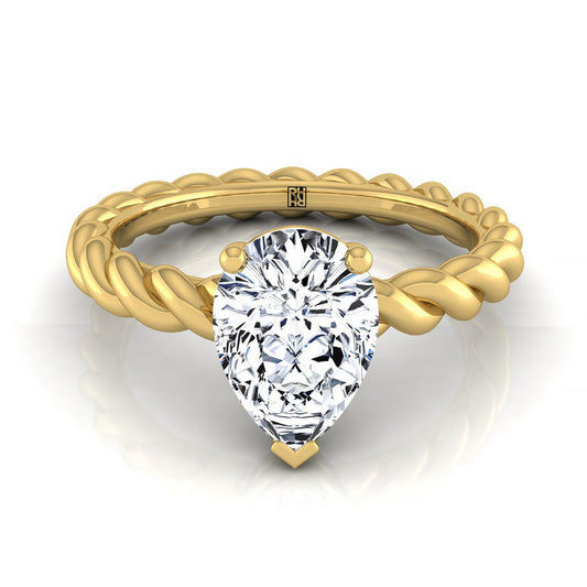 18K Yellow Gold Pear Shape Center  Twisted Rope Braid Solitaire Band