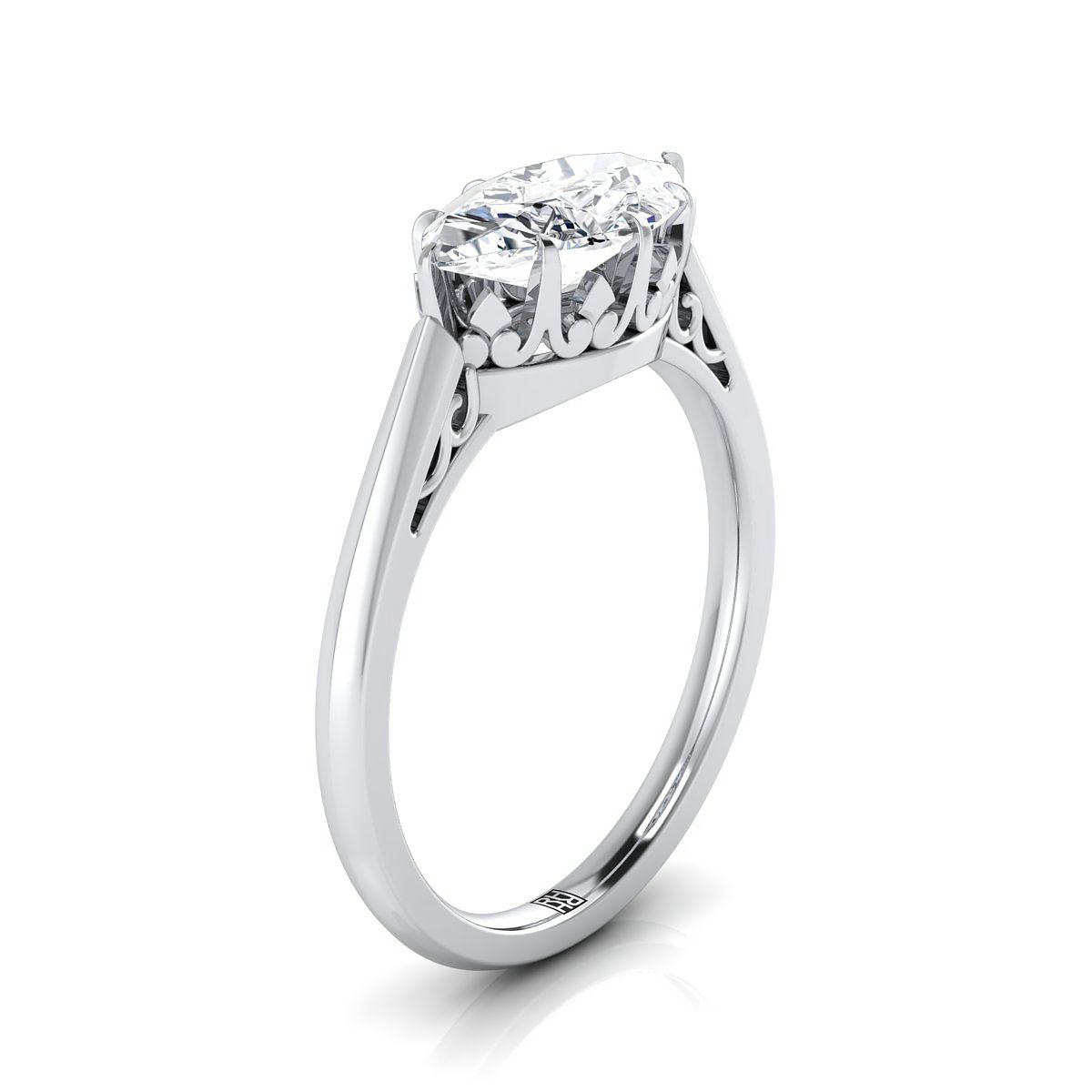 18K White Gold Marquise  Antique Scroll Detail Solitaire Engagement Ring