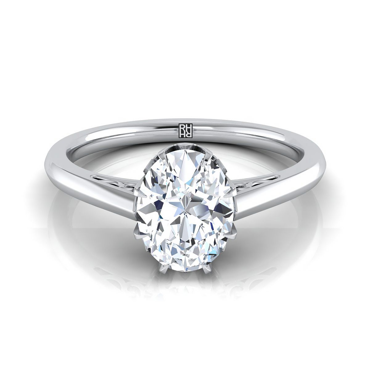 14K White Gold Oval Antique Scroll Detail Solitaire Engagement Ring