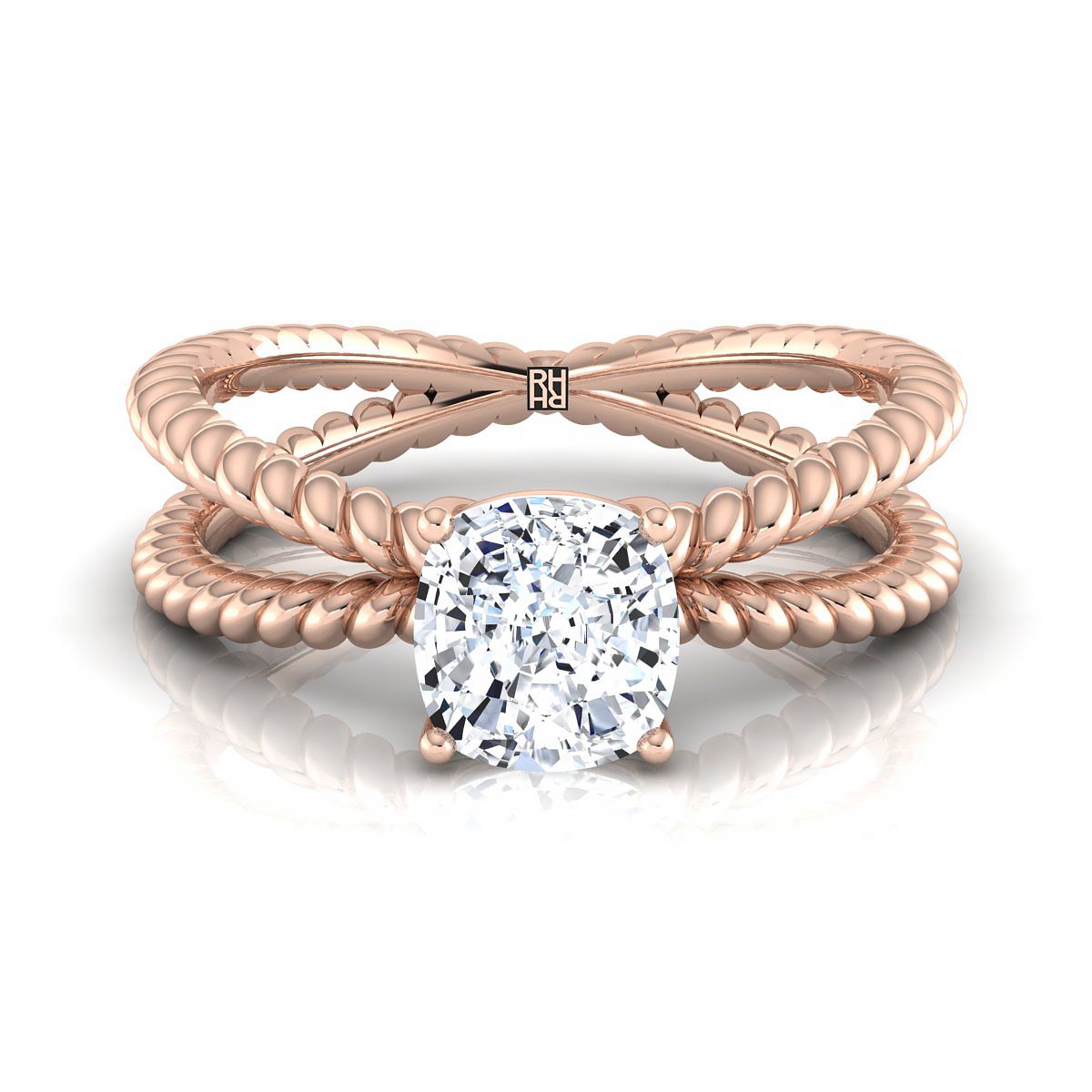 แหวนหมั้นเพชร 14K Rose Gold Cushion Criss Cross Twisted Rope Solitaire