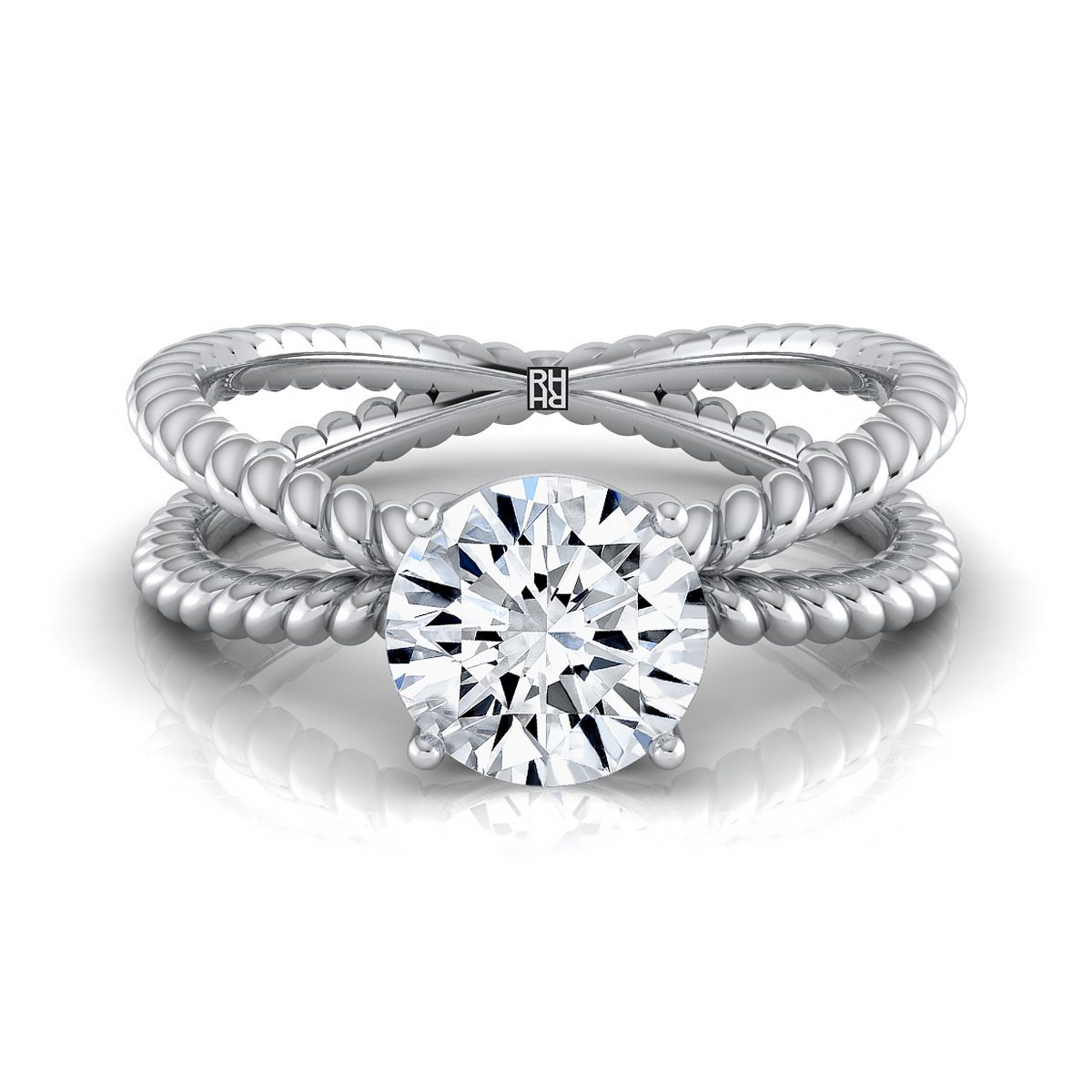 แหวนหมั้นเพชร 18K White Gold Round Brilliant Criss Cross Twisted Rope Solitaire