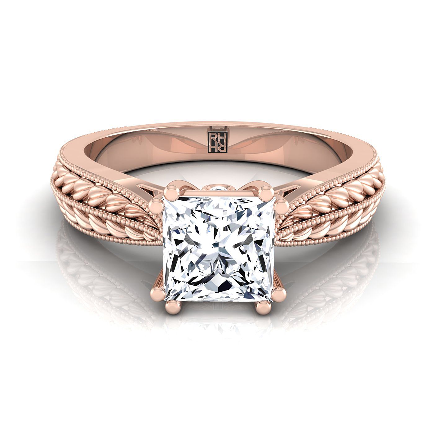 14K Rose Gold Princess Cut Antique Wheat and Bead Pinched Solitaire Engagement Ring