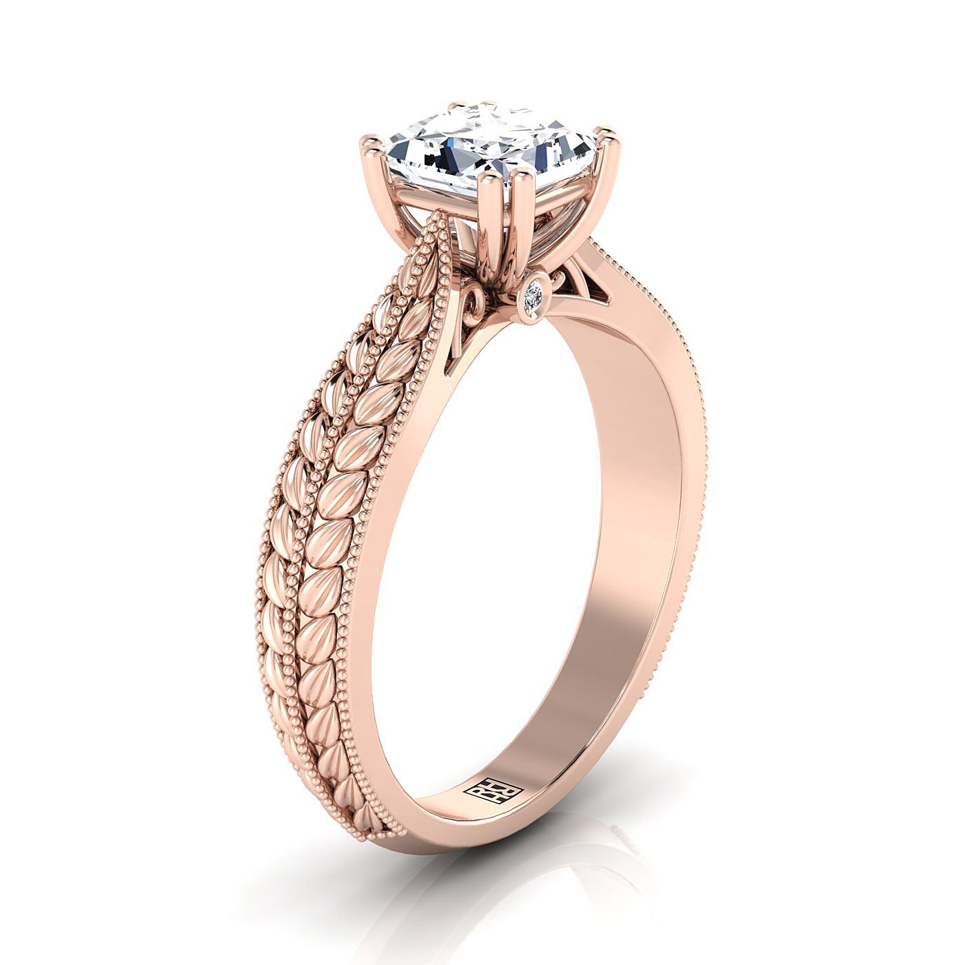 14K Rose Gold Princess Cut Antique Wheat and Bead Pinched Solitaire Engagement Ring