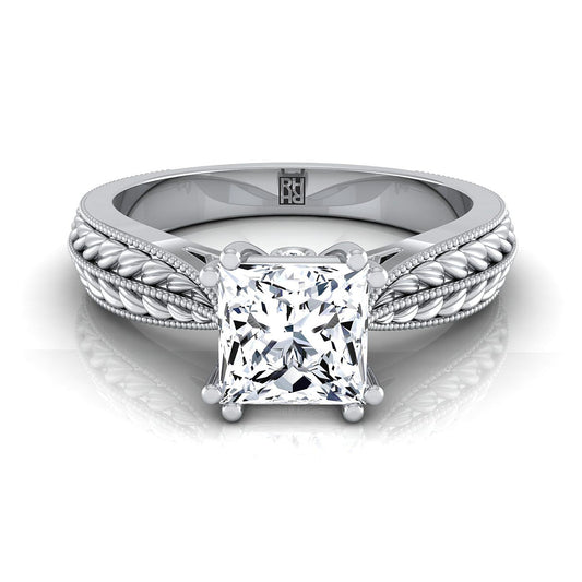 แหวนหมั้นทองขาว 14K Princess Cut โบราณข้าวสาลีและลูกปัด Pinched Solitaire แหวนหมั้น