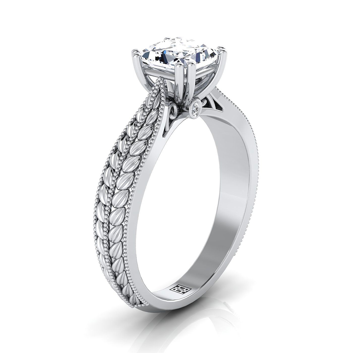 แหวนหมั้นทองขาว 14K Princess Cut โบราณข้าวสาลีและลูกปัด Pinched Solitaire แหวนหมั้น