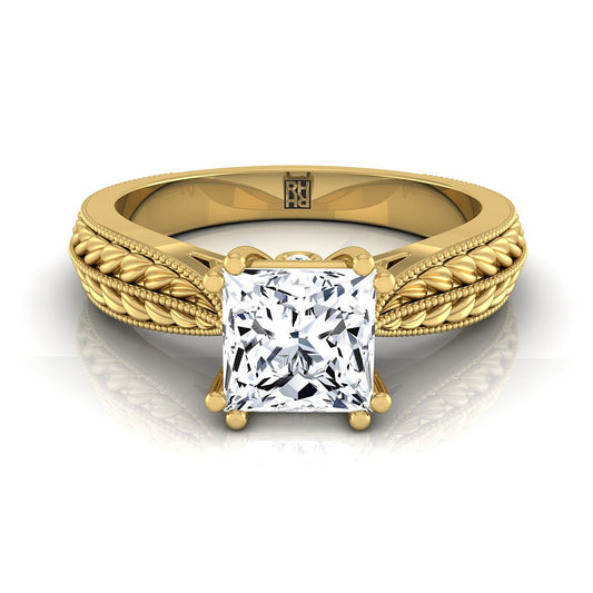 18K Yellow Gold Princess Cut Antique Wheat and Bead Pinched Solitaire Engagement RIng