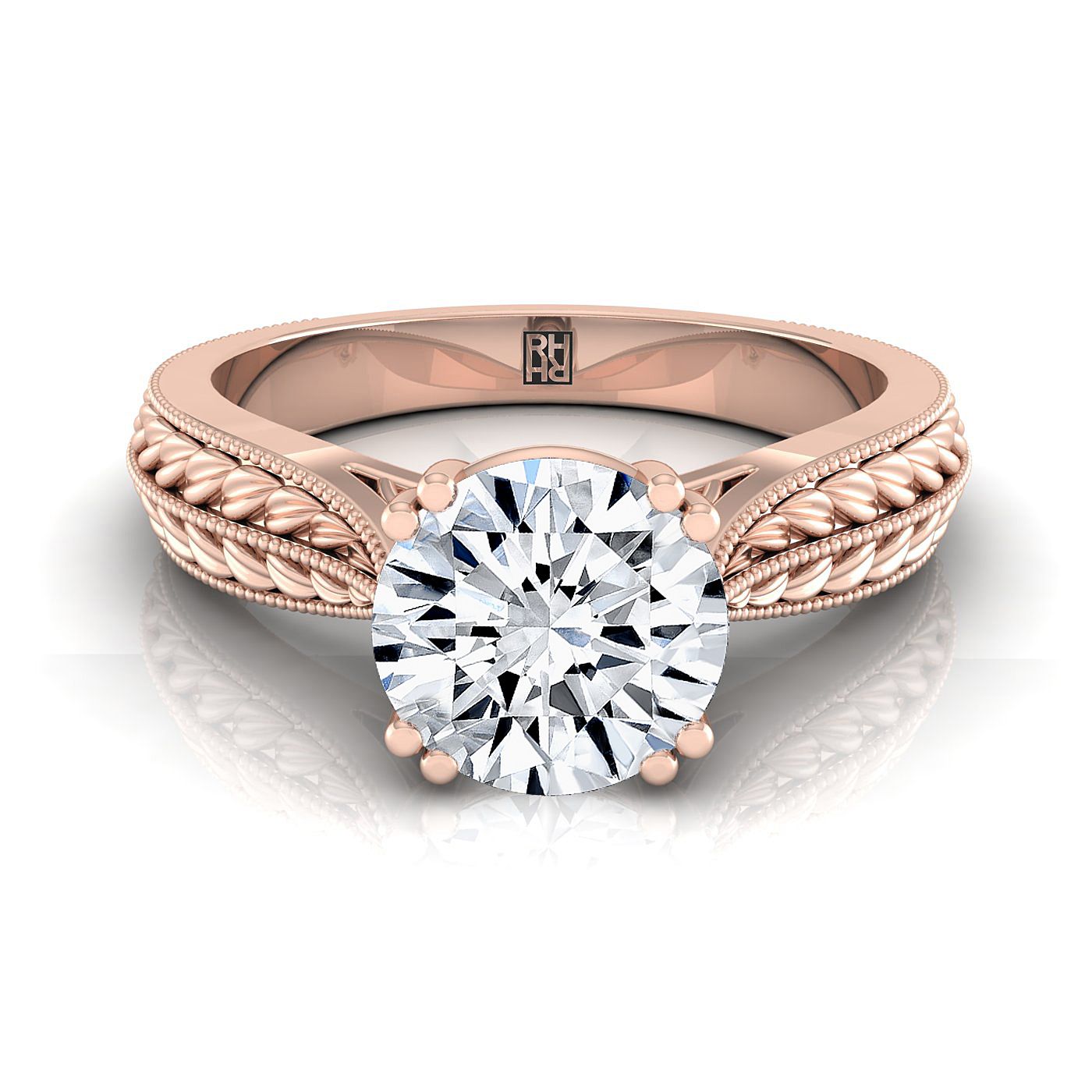 14K Rose Gold Round Brilliant Antique Wheat and Bead Pinched Solitaire Engagement RIng