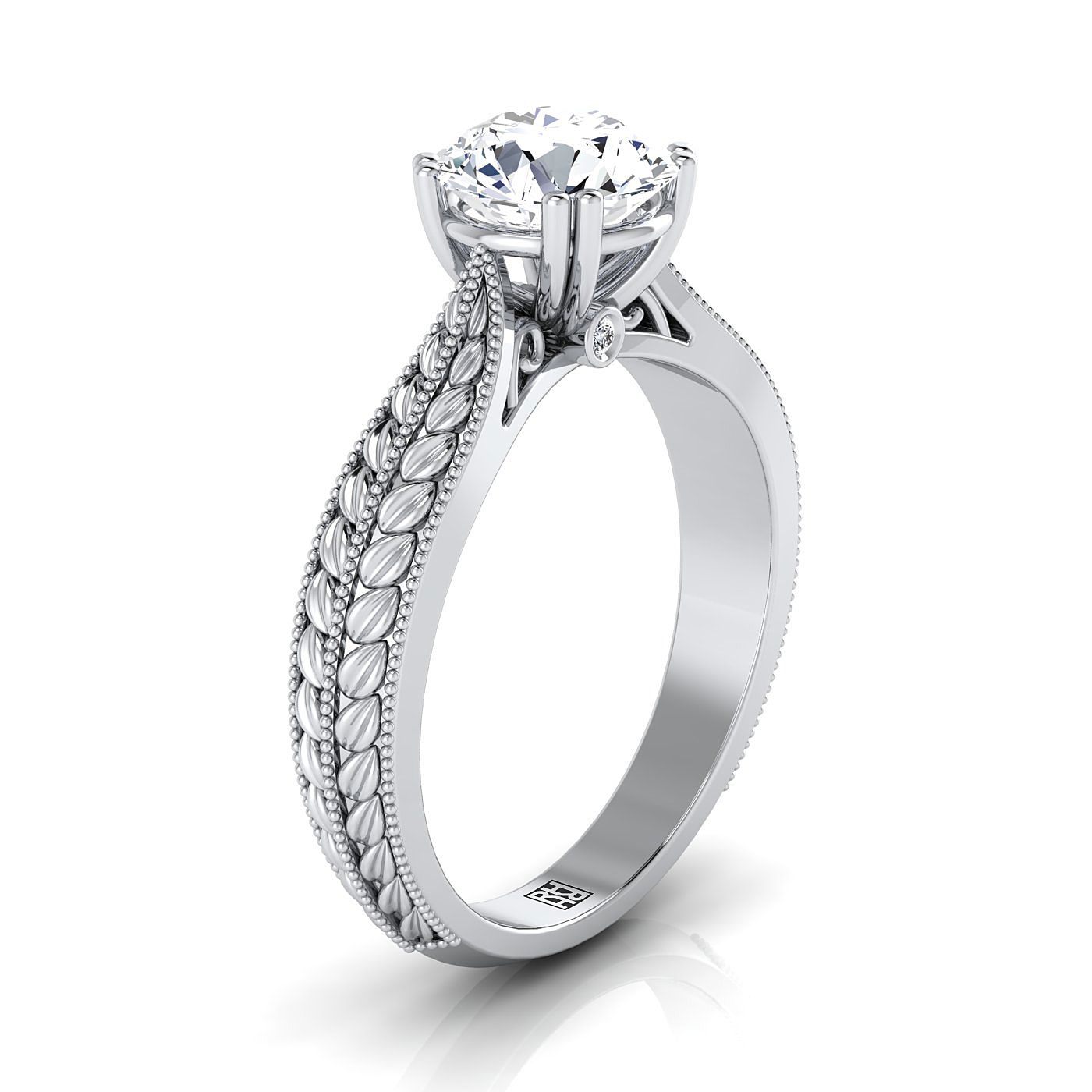 แหวนหมั้น 14K White Gold Round Brilliant Antique Wheat and Bead Pinched Solitaire Engagement Ring