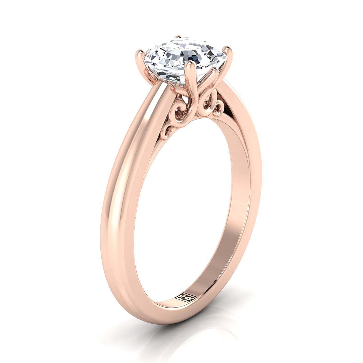 14K Rose Gold Asscher Cut Scroll Gallery แหวนหมั้นเล่นไพ่คนเดียว Comfort Fit