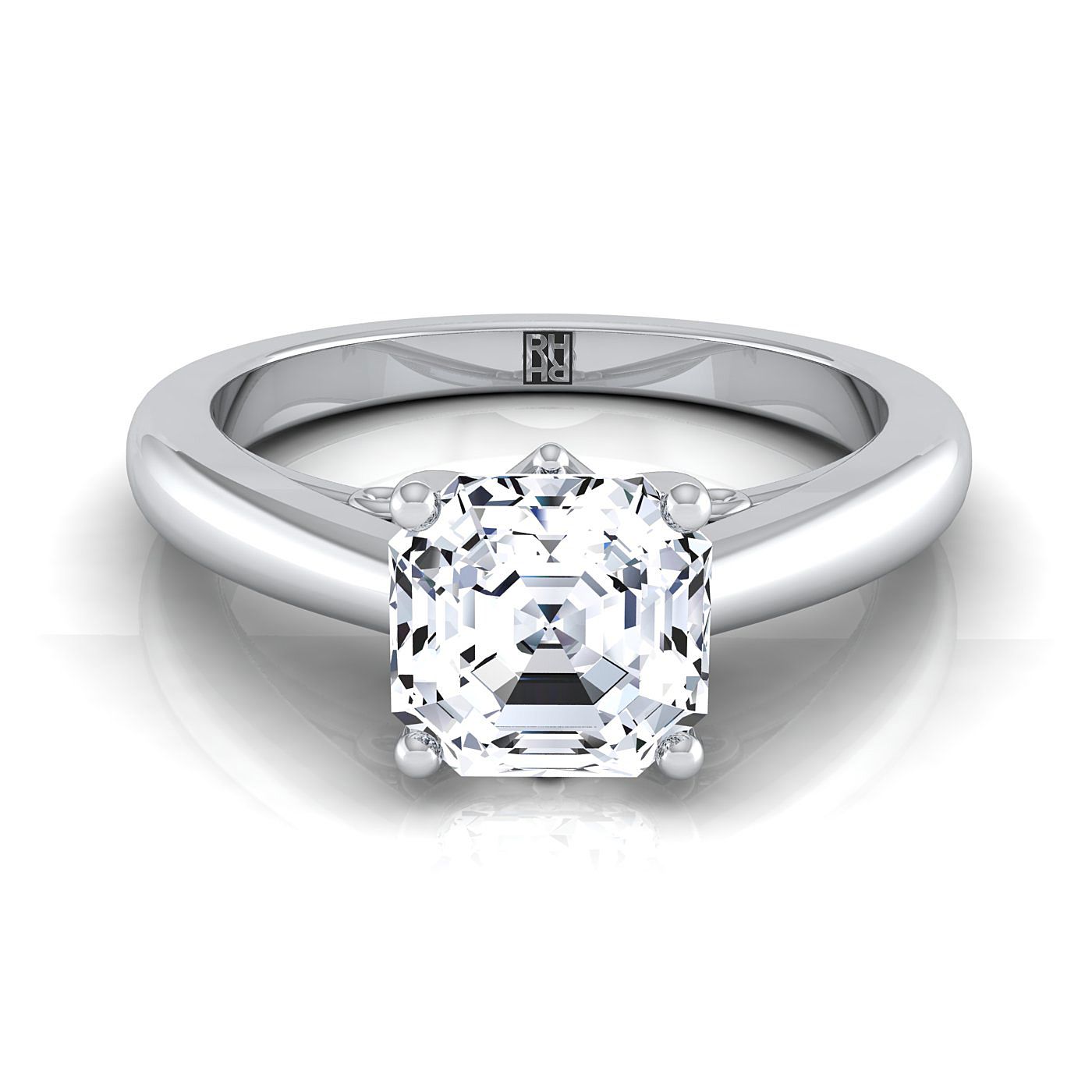 แหวนหมั้นโซลิแทร์ ไวท์โกลด์ 18K Asscher Cut Scroll Gallery Comfort Fit