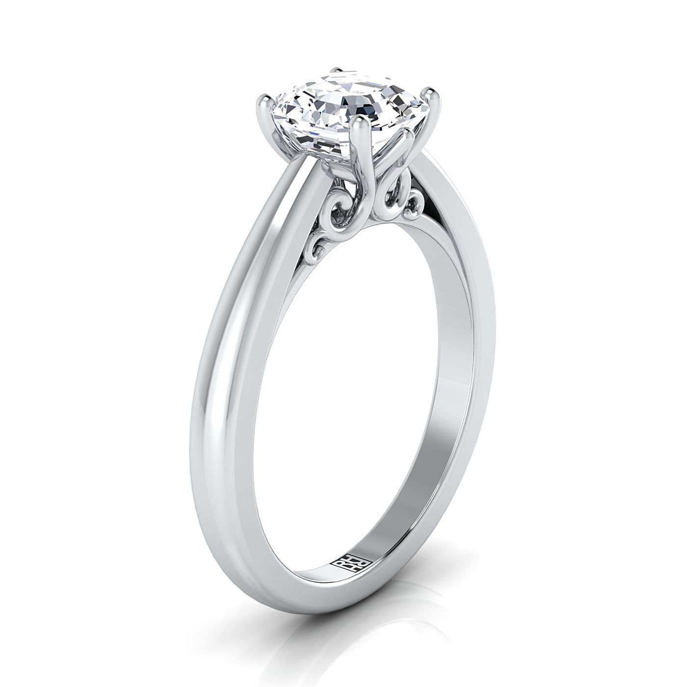 แหวนหมั้นโซลิแทร์ ไวท์โกลด์ 18K Asscher Cut Scroll Gallery Comfort Fit